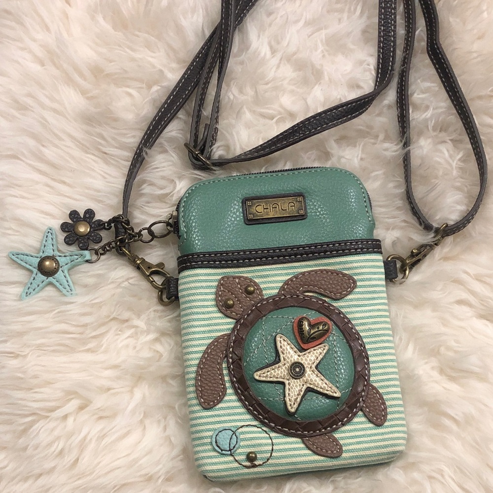 CHALA TURTLE STARFISH Leather & Fabric 5”x7” CROSSBODY Pockets EUC